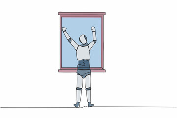 Poster - Continuous one line drawing back view relaxed robot stretching arms in window. Good morning concept. Humanoid cybernetic organism. Robotic development. Single line graphic design vector illustration