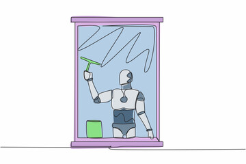 Poster - Single one line drawing of robot cleaning windows with glass cleaner tools. Washing windows with bucket, detergent, wet rag. Robotic artificial intelligence. Continuous line design vector illustration