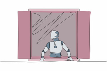 Poster - Single one line drawing curious robot looking outside window. Robot with a plant watching out the window. Artificial intelligence. Technology industry. Continuous line draw design vector illustration