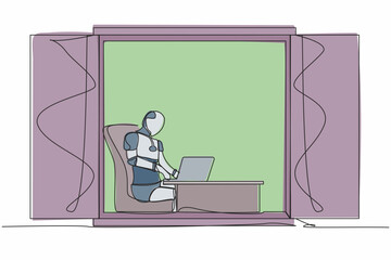 Poster - Single continuous line drawing robot sitting at desk and using laptop near window. Factory management. Future technology development. Artificial intelligence. One line draw design vector illustration