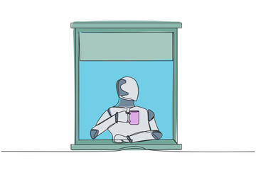 Poster - Single continuous line drawing robot enjoy hot coffee or tea in window house, holding mug, looking through window. Future technology. Artificial intelligence. One line draw design vector illustration