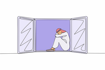 Poster - Single continuous line drawing desperate Arabian man sitting on windowsill. Depression, stress, melancholy, despair, frustration, life problem. Dynamic one line draw graphic design vector illustration
