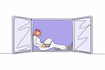Poster - Single continuous line drawing Arab man freelancer sitting on windowsill, working using laptop. Remote work from home. Online education, student study at home. One line draw design vector illustration