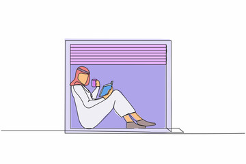Poster - Single one line drawing Arabian man on windowsill with cup of hot coffee or tea, reading book. Stay at home. Enjoy atmosphere of day in window. Continuous line draw design graphic vector illustration