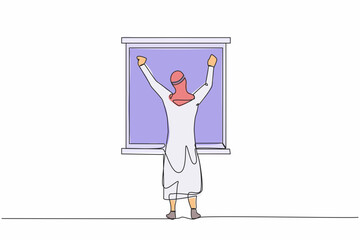 Poster - Single continuous line drawing back view relaxed Arabian man stretching arms in window after good night sleep. Good morning concept. Male standing at window. One line draw design vector illustration