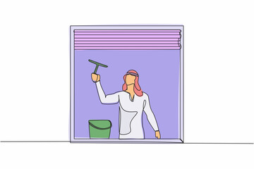 Wall Mural - Continuous one line drawing Arab man cleaning windows with glass cleaner tools. Washing windows with bucket, detergent, wet rag. Housework. Domestic work. Single line draw design vector illustration