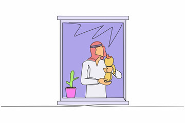 Poster - Single continuous line drawing Arab man holding newborn baby near window. Child lies on in dad's arms. Dad helping mom taking care of baby kid. Dynamic one line draw graphic design vector illustration