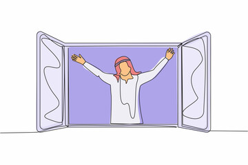 Poster - Single continuous line drawing happy Arab man looking out of window meet new day breathe fresh air. Male stretching in morning enjoy sunny weekend at home. One line graphic design vector illustration