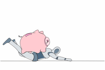 Poster - continuous one line drawing stressed robot under heavy piggy bank burden. broke and financial proble