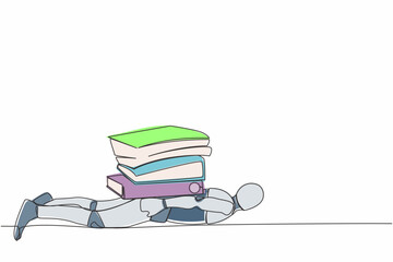Poster - Single one line drawing stress robot under heavy pile paper folder burden. Tired robot cannot cope with amount of work. Robotic artificial intelligence. Continuous line draw design vector illustration