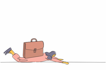 Poster - Single continuous line drawing Arabian businesswoman under heavy briefcase burden. Difficulty business task. Pressure workload. Anxiety from work and overload. One line draw design vector illustration