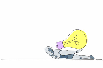 Poster - Continuous one line drawing stressed robot under heavy light bulb burden. Uninspired or no idea after business tech failure. Humanoid cybernetic organism. Single line draw design vector illustration