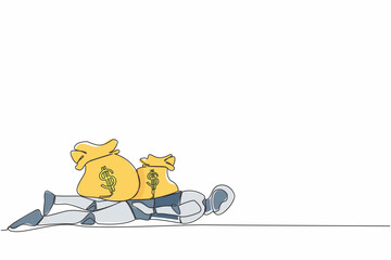 Poster - Single continuous line drawing stressed robot under heavy money bag burden. Finance crisis money fall down. Economic crash due to pandemic. Future technology. One line draw design vector illustration