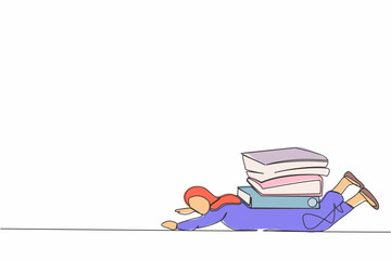 Poster - Continuous one line drawing Arab businesswoman under heavy pile of paper folder burden. Tired person cannot cope with amount of work. Worker with paperwork. Single line draw design vector illustration