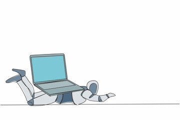 Poster - Single one line drawing stressed robot under heavy laptop computer burden. Fatigue or burnout work at tech industry. Robotic artificial intelligence. Continuous line graphic design vector illustration