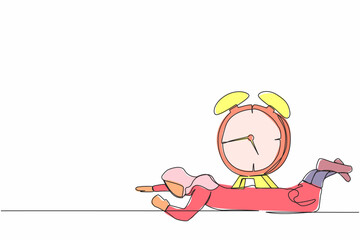 Poster - Single one line drawing Arabian businesswoman under heavy alarm clock burden. Pressure to complete work deadlines. Stressed worker because lot of work. Continuous line draw design vector illustration