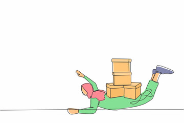 Poster - Continuous one line drawing Arab businesswoman under heavy pile of box burden. Overworked man with stacks of cardboard. Stress at work. Bureaucracy. Single line draw design vector graphic illustration