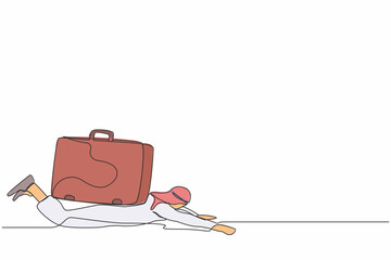 Poster - Continuous one line drawing Arabian businessman under heavy briefcase burden. Anxiety from work and overload. Pressure from too much responsibility. Single line draw design vector graphic illustration