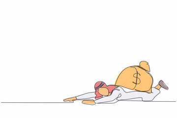 Poster - Single one line drawing Arabian businessman under heavy money bag burden. Finance crisis money fall down. Economic crash due to pandemic. Modern continuous line draw design graphic vector illustration