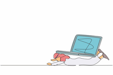 Poster - Single continuous line drawing Arab businessman under heavy laptop computer burden. Fatigue from work, tired employee. Boring office worker, burnout at work. One line draw design vector illustration