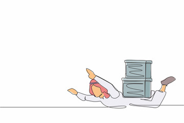 Poster - Single one line drawing Arabian businessman under heavy pile of box burden. Overworked man with stack of cardboard. Stress at work. Bureaucracy. Continuous line draw design graphic vector illustration