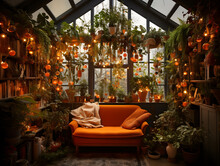 Interior Of A Room With Orange Docroation And Pillows In A Cozy House With Halloween Theme