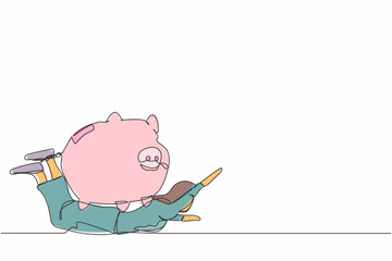 Poster - Single one line drawing unhappy businesswoman under heavy piggy bank burden. Executive manager with financial problems. Losing money in economic crisis. Continuous line draw design vector illustration