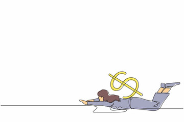 Poster - Single one line drawing unhappy businesswoman under heavy dollar symbol burden. Overworked or overloaded worker due to economic crisis, debt pressure. Continuous line draw design vector illustration