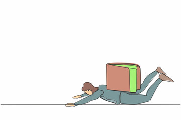 Poster - Single one line drawing depressed businessman under heavy wallet burden. Tired hard working office employee. Financial and economic crisis concept. Continuous line design graphic vector illustration