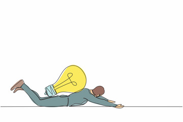 Poster - single continuous line drawing of depressed businessman under heavy light bulb burden. worker withou