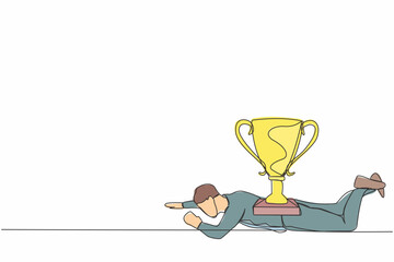 Poster - Continuous one line drawing depressed businessman under heavy trophy burden. Young male worker fail to achieve goals. Delayed career path at office. Single line draw design vector graphic illustration