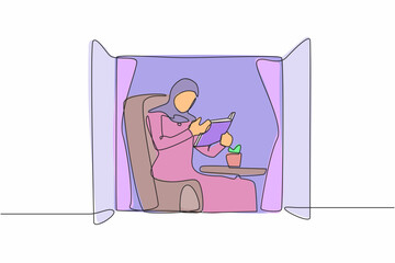 Poster - Single continuous line drawing young Arab woman reading book. Businesswoman reader. Person update knowledge, sitting in armchair by window in living room. One line graphic design vector illustration