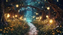 A Spellbinding Midnight Stroll Through A Secret Fairytale Garden Illuminated By Glowing Fireflies. Generative AI