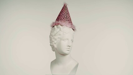 Wall Mural - Closeup shot. Ancient marble bust statue of roman era woman in party hat on a platform. Isolated on white background.