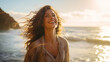 © Aimages - Blissful woman on a beach vacation, smiling broadly with joy and gratitude, embodying happiness by the serene ocean