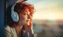 Happy Smiling Female Traveler In Airport, Woman With Red Hair Sitting In Headphones At The Terminal Waiting For Her Flight In Boarding Lounge