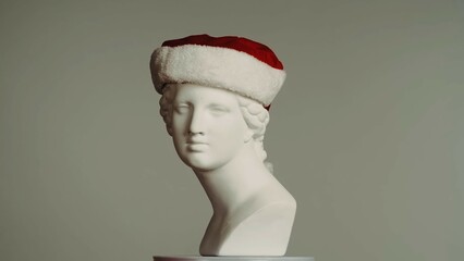 Wall Mural - Closeup shot. Ancient marble bust statue of roman era woman in Santa hat. Isolated on grey background.