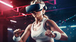 © Keitma - Young blonde woman in white sports outfit doing gym training with VR headset or boxing lesson in virtual reality