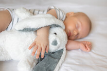 Sweet Newborn Baby Sleeps With A Toy On A White Background
