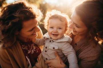 Family portrait of a lesbian couple holding their toddler kid in their arms