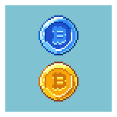 Fototapete - Pixel art sets of coin, blue coin and gold coin in pixelated art style. 8bits pixel simple asset, for your game design or your game items
