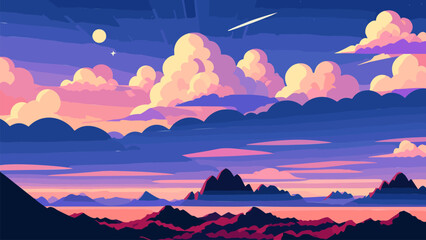 Wall Mural - Painting of a sunset with clouds and mountains in the background and a plane flying overhead in the sky, colorful flat surreal design, vector art, space art. Cartoon anime background.
