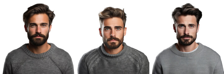 Wall Mural - Studio portrait of a serious young man with a trendy hairdo and facial hair wearing a casual grey sweater listening attentively to someone against a transparent background