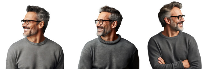 Poster - Handsome middle aged man in casual attire and glasses observing to the side with a relaxed and confident smile against a transparent background