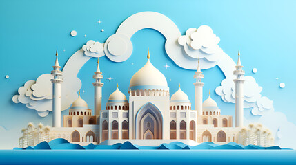 Sticker - Paper art white mosque in blue clouds