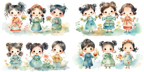 Wall Mural - watercolor style illustration, group of kids play together in spring meadow, collection set, Generative Ai