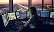 Woman working as air traffic controller. Female sitting at airport control tower, screens near her, blurred evening landscape with runway background. Generative AI
