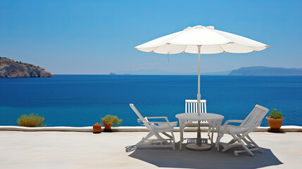 Wall Mural - Pair of white sun loungers and a beach umbrella on a deserted beach; perfect vacation concept