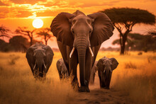 Herd Of Elephants In The Savanna At Sunset
