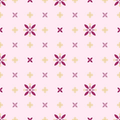 Wall Mural - In this seamless pattern, make purple-pink flowers petals in light and dark shades. Arranged on a light pink background, decorated with golden yellow rings and alternate with small flowers. 